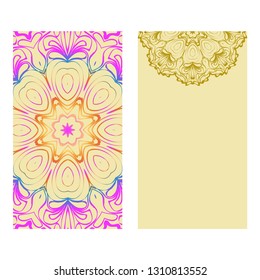 Ethnic Mandala Ornament. Templates With Mandalas. Vector Illustration For Congratulation Or Invitation. The Front And Rear Side. Rainbow, yellow color.