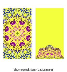 Ethnic Mandala Ornament. Templates With Mandalas. Vector Illustration For Congratulation Or Invitation. The Front And Rear Side. Yellow, rainbow color.