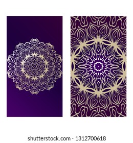 Ethnic Mandala Ornament. Templates With Mandalas. Vector Illustration For Congratulation Or Invitation. The Front And Rear Side. Purple gold color.