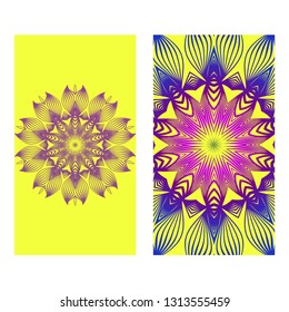 Ethnic Mandala Ornament. Templates With Mandalas. Vector Illustration For Congratulation Or Invitation Diwali Festival Greeting Card. Yellow purple color.
