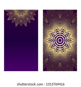 Ethnic Mandala Ornament. Templates With Mandalas. Vector Illustration For Congratulation Or Invitation. The Front And Rear Side. Romantic purple gold color.