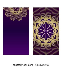 Ethnic Mandala Ornament. Templates With Mandalas. Vector Illustration For Congratulation Or Invitation. The Front And Rear Side. Romantic purple gold color.