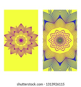 Ethnic Mandala Ornament. Templates With Mandalas. Vector Illustration For Congratulation Or Invitation Diwali Festival Greeting Card. Yellow purple color.