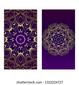 Ethnic Mandala Ornament. Templates With Mandalas. Vector Illustration For Congratulation Or Invitation. The Front And Rear Side. Luxury, purple godl color.