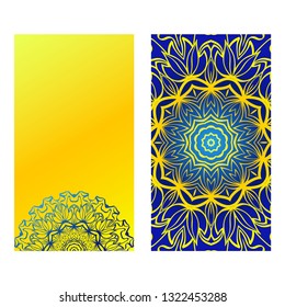 Ethnic Mandala Ornament. Templates With Mandalas. Vector Illustration For Congratulation Or Invitation. The Front And Rear Side. Yellow blue color.