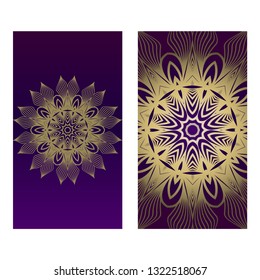 Ethnic Mandala Ornament. Templates With Mandalas. Vector Illustration For Congratulation Or Invitation. The Front And Rear Side. Romantic purple gold color.