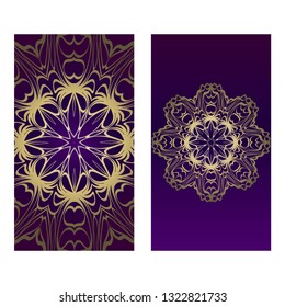 Ethnic Mandala Ornament. Templates With Mandalas. Vector Illustration For Congratulation Or Invitation. The Front And Rear Side. Luxury, purple godl color.