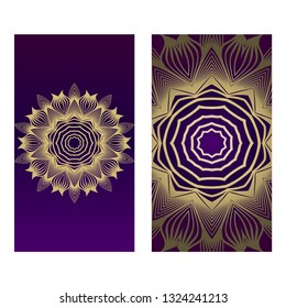 Ethnic Mandala Ornament. Templates With Mandalas. Vector Illustration For Congratulation Or Invitation. The Front And Rear Side. Romantic purple gold color.