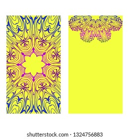 Ethnic Mandala Ornament. Templates With Mandalas. Vector Illustration For Congratulation Or Invitation. The Front And Rear Side. Yellow, rainbow color.