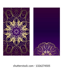 Ethnic Mandala Ornament. Templates With Mandalas. Vector Illustration For Congratulation Or Invitation. The Front And Rear Side. Luxury, purple godl color.