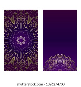 Ethnic Mandala Ornament. Templates With Mandalas. Vector Illustration For Congratulation Or Invitation. The Front And Rear Side. Luxury, purple godl color.