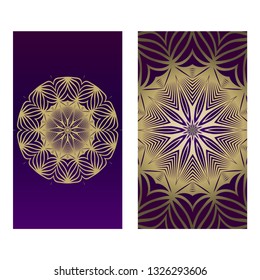 Ethnic Mandala Ornament. Templates With Mandalas. Vector Illustration For Congratulation Or Invitation. The Front And Rear Side. Romantic purple gold color.