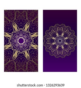 Ethnic Mandala Ornament. Templates With Mandalas. Vector Illustration For Congratulation Or Invitation. The Front And Rear Side. Luxury, purple godl color.