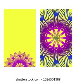 Ethnic Mandala Ornament. Templates With Mandalas. Vector Illustration For Congratulation Or Invitation Diwali Festival Greeting Card. Yellow purple color.
