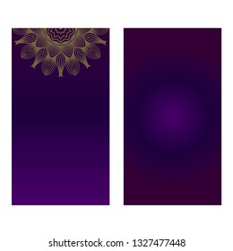 Ethnic Mandala Ornament. Templates With Mandalas. Vector Illustration For Congratulation Or Invitation. The Front And Rear Side. Romantic purple gold color.