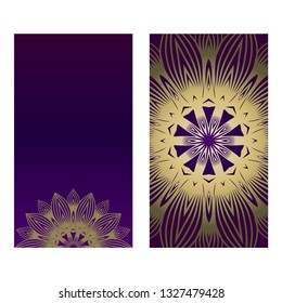 Ethnic Mandala Ornament. Templates With Mandalas. Vector Illustration For Congratulation Or Invitation. The Front And Rear Side. Romantic purple gold color.