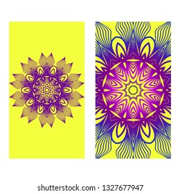 Ethnic Mandala Ornament. Templates With Mandalas. Vector Illustration For Congratulation Or Invitation Diwali Festival Greeting Card. Yellow purple color.