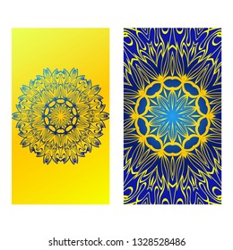 Ethnic Mandala Ornament. Templates With Mandalas. Vector Illustration For Congratulation Or Invitation. The Front And Rear Side. Yellow blue color.