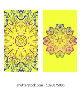 Ethnic Mandala Ornament. Templates With Mandalas. Vector Illustration For Congratulation Or Invitation. The Front And Rear Side. Yellow, rainbow color.