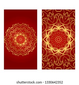 Ethnic Mandala Ornament. Templates With Mandalas. Vector Illustration For Congratulation Or Invitation. The Front And Rear Side. Luxury red, gold color.
