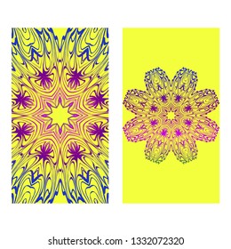Ethnic Mandala Ornament. Templates With Mandalas. Vector Illustration For Congratulation Or Invitation. The Front And Rear Side. Yellow, rainbow color.