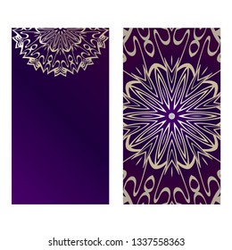 Ethnic Mandala Ornament. Templates With Mandalas. Vector Illustration For Congratulation Or Invitation. The Front And Rear Side. Purple gold color.