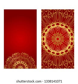 Ethnic Mandala Ornament. Templates With Mandalas. Vector Illustration For Congratulation Or Invitation. The Front And Rear Side. Luxury red, gold color.