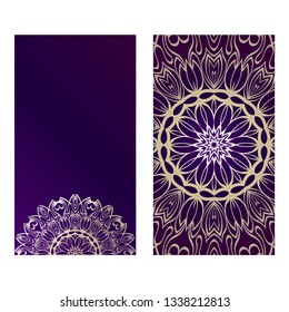 Ethnic Mandala Ornament. Templates With Mandalas. Vector Illustration For Congratulation Or Invitation. The Front And Rear Side. Purple gold color.