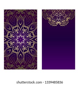 Ethnic Mandala Ornament. Templates With Mandalas. Vector Illustration For Congratulation Or Invitation. The Front And Rear Side. Luxury, purple godl color.