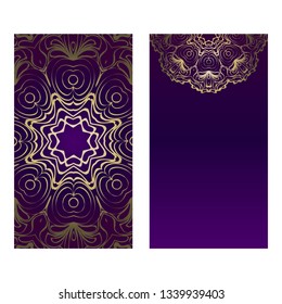 Ethnic Mandala Ornament. Templates With Mandalas. Vector Illustration For Congratulation Or Invitation. The Front And Rear Side. Luxury, purple godl color.