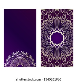 Ethnic Mandala Ornament. Templates With Mandalas. Vector Illustration For Congratulation Or Invitation. The Front And Rear Side. Purple gold color.