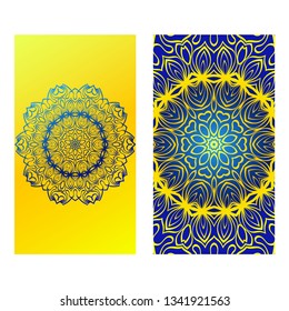 Ethnic Mandala Ornament. Templates With Mandalas. Vector Illustration For Congratulation Or Invitation. The Front And Rear Side. Yellow blue color.