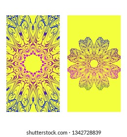 Ethnic Mandala Ornament. Templates With Mandalas. Vector Illustration For Congratulation Or Invitation. The Front And Rear Side. Yellow, rainbow color.