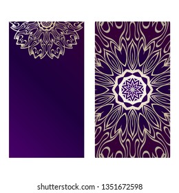 Ethnic Mandala Ornament. Templates With Mandalas. Vector Illustration For Congratulation Or Invitation. The Front And Rear Side. Purple gold color.