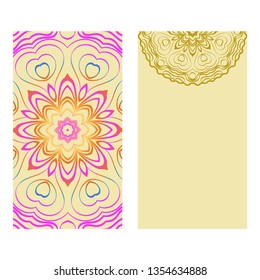 Ethnic Mandala Ornament. Templates With Mandalas. Vector Illustration For Congratulation Or Invitation. The Front And Rear Side. Rainbow, yellow color.
