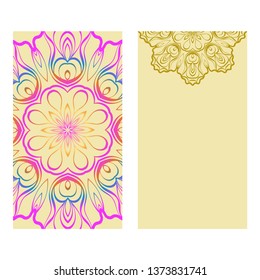 Ethnic Mandala Ornament. Templates With Mandalas. Vector Illustration For Congratulation Or Invitation. The Front And Rear Side. Rainbow, yellow color.