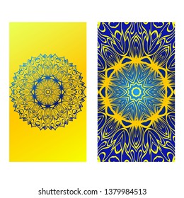 Ethnic Mandala Ornament. Templates With Mandalas. Vector Illustration For Congratulation Or Invitation. The Front And Rear Side. Yellow blue color.