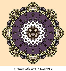 Ethnic mandala pattern in color palette of golden yellow, purple & white.