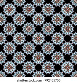 Ethnic Mandala seamless pattern in black, purple and blue colors. Vector Indian floral paisley medallion seamless pattern.
