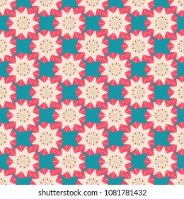 Ethnic Mandala seamless pattern in blue, pink and beige colors. Vector Indian floral paisley medallion seamless pattern.