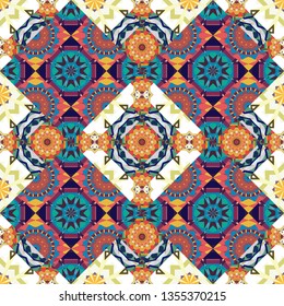 Ethnic Mandala seamless pattern in blue, green and gray colors. Vector Indian floral paisley medallion seamless pattern.