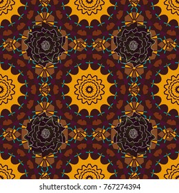 Ethnic Mandala seamless pattern in brown, yellow and blue colors. Vector Indian floral paisley medallion seamless pattern.