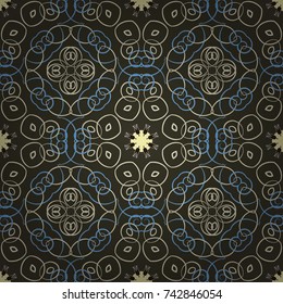 Ethnic Mandala seamless pattern in green, beige and blue colors. Vector Indian floral paisley medallion seamless pattern.