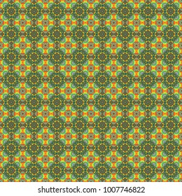 Ethnic Mandala seamless pattern in orange, yellow and green colors. Vector Indian floral paisley medallion seamless pattern.