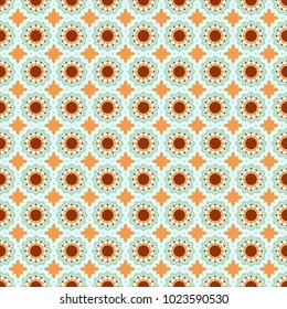 Ethnic Mandala seamless pattern. Orange, brown and blue Indian floral paisley medallion. Can be used for textile, greeting card, coloring book, phone case print. Vector Henna tattoo style.