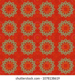 Ethnic Mandala seamless pattern in orange, red and green colors. Vector Indian floral paisley medallion seamless pattern.