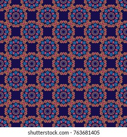 Ethnic Mandala seamless pattern in orange, pink and blue colors. Vector Indian floral paisley medallion seamless pattern.