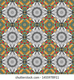 Ethnic Mandala seamless pattern. Vector Henna tattoo style. Gray, brown and blue Indian floral paisley medallion. Can be used for textile, greeting card, coloring book, phone case print.