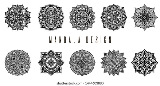 Ethnic Mandala set decoration.Boho chic oriental motif. Black color in white background.Vector illustration.