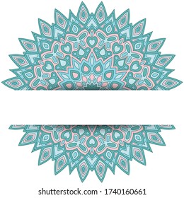 Ethnic mandala vector card template with text place. Spa center flyer banner design. Circle floral mandala ornament with butterfly, heart, leaf, petal, flower shapes. Asian background.